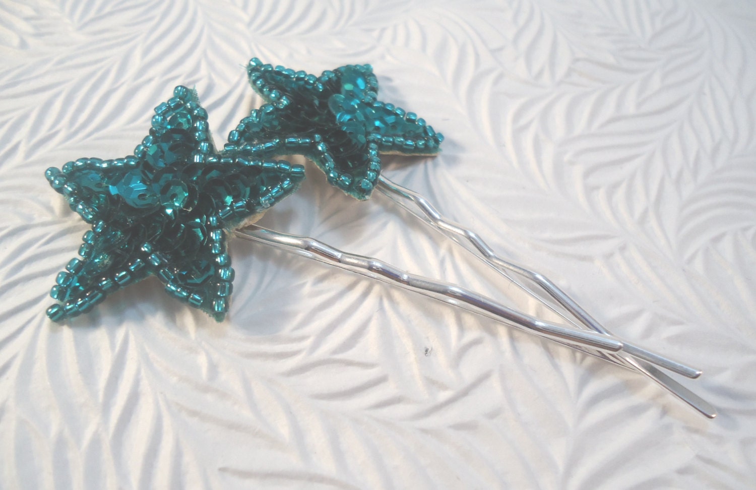 2 sea green star hair-pins - embellished sequin stars - hair accessory wedding occasion every-day wear