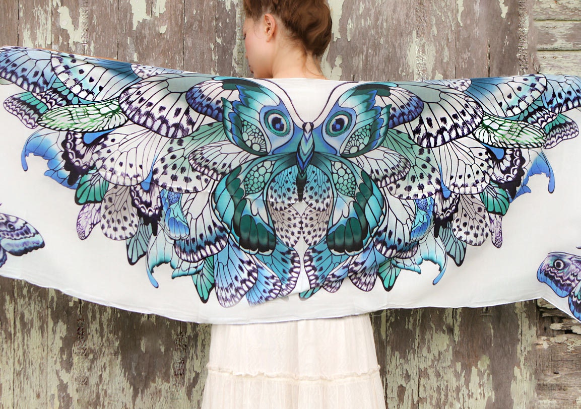 Women scarf, Hand painted Butterflies in Blue Aqua tones, stunning unique and useful, perfect gift