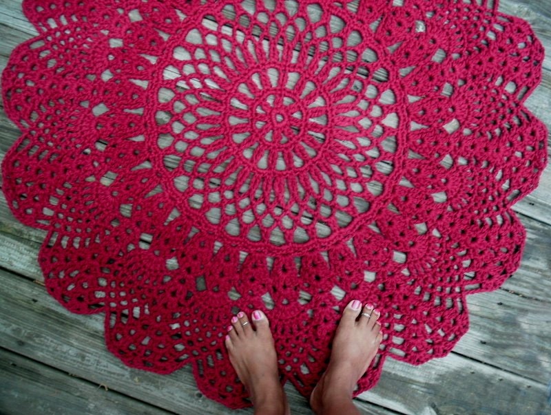 Wine Red Cotton Crochet Rug in Large 42" Circle Pineapple Lacy Pattern