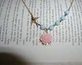 Little Brass Bird Pink Rose Necklace, gold plated, powder blue beads