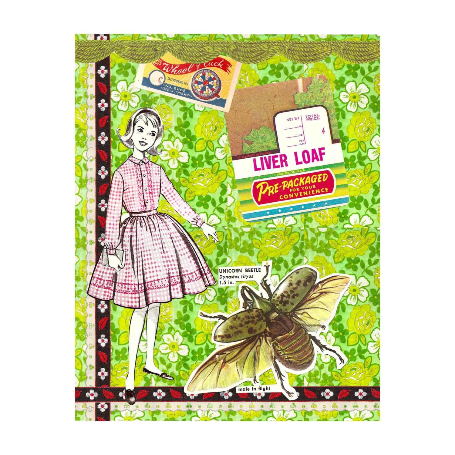 Retro Collage Art Print // Liver Loaf Bug Girl // Bright Home Decor