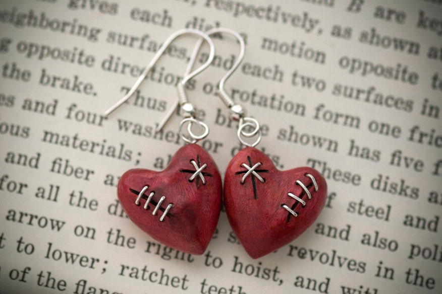 Stitched Wood Heart Earrings