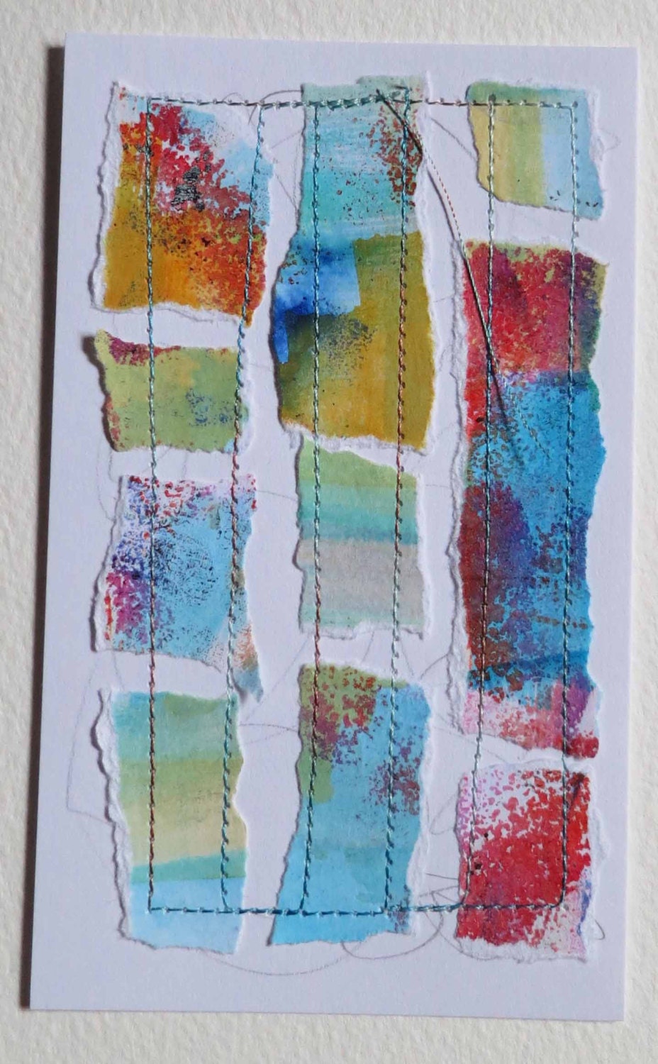 Unique Colour Study, Original Collage with Stitch, Textile Art, Collage, OOAK, Paper,