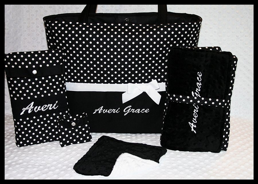 Personalized Baby Girl or Boy Large Diaper Bag Gift Set with Changing Pad, Wipes Case, Pacifier Pouch and Minky Burp Cloth