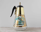 Fred Press Carafe Coffee Pitcher / Gold Turquoise Beverage Server / Corning Brand Mid Century Pitcher With Horses and Lid
