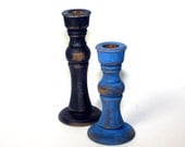 Shades of Blue Beachy Upcycled Wood Candlesticks Set of 2