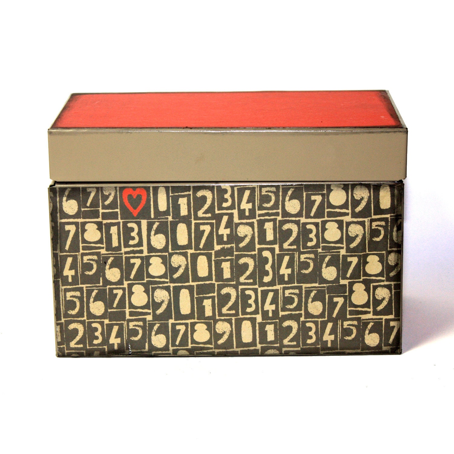 Upcycled Metal Filing or Recipe Box Typography Numbers Brown Red Fits 5x7 Recipe Cards