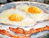 Eggs With Bacon Original Watercolor Painting Still Life Kitchen Wall Art Decor