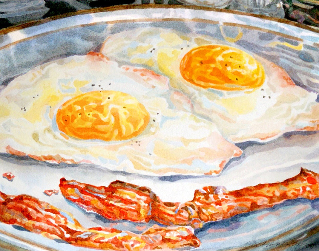 Eggs With Bacon Original Watercolor Painting Still Life Kitchen Wall Art Decor