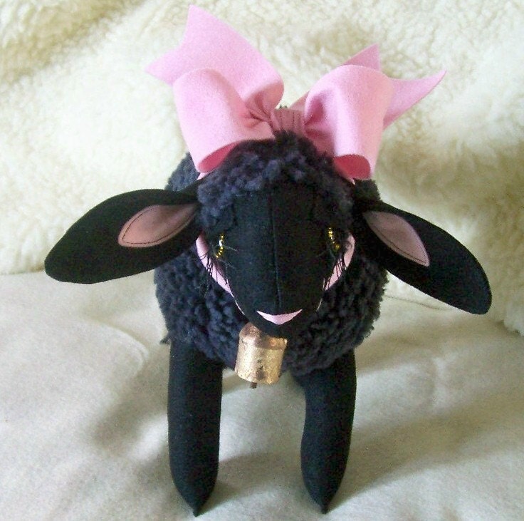 Easter Black Lamb Sheep Ewe with Pink Bow Soft Sculpture Plush Animals