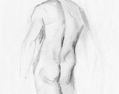 Original Drawing Nude Male Charcoal Figure Gesture Sketch - Back of an Athletic Handsome Man