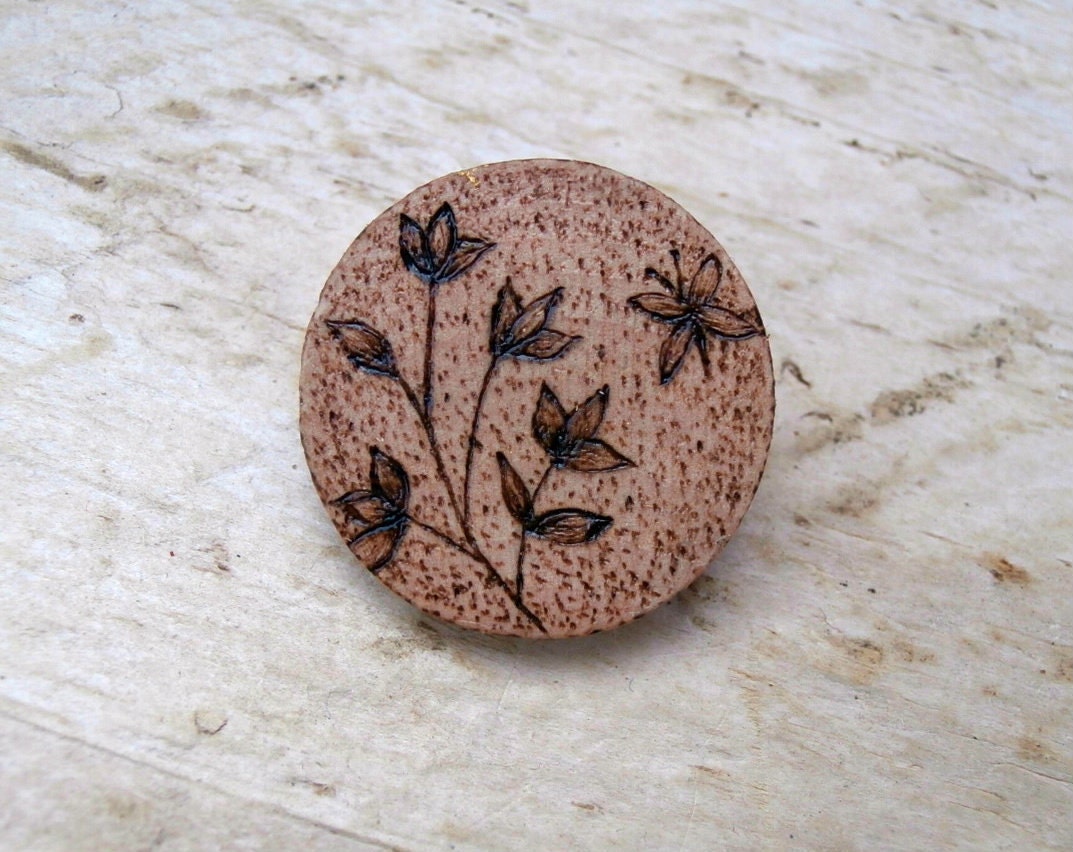 Leaf and Butterfly Brooch - Ladies Summer Accessory - Art on Wood
