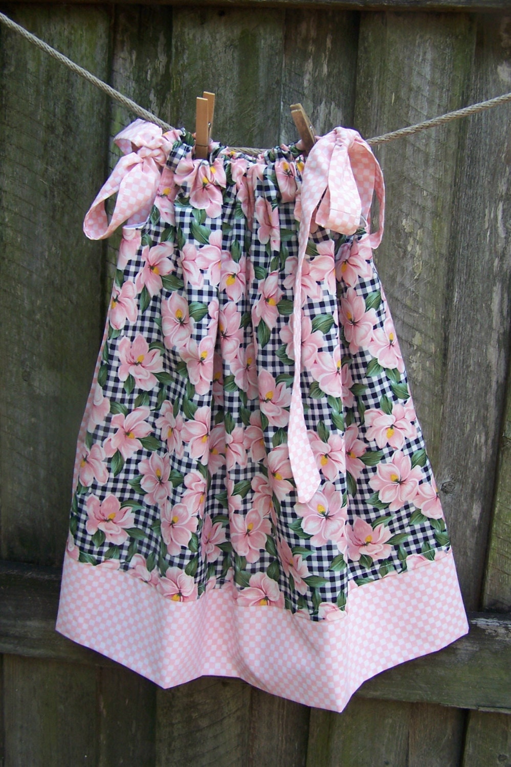 Cherry Blossoms on Black and White Gingham with Pink - White Gingham Hem Pillowcase Top or Dress 3T or 4T ( 18 inches long )