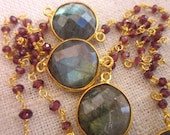 Rainbow labradorite round stones with garnet wire wrapped necklace