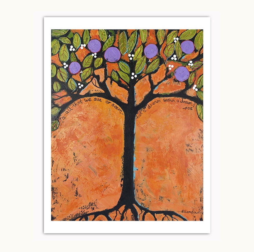 Tree Art Print Tangerine Bright Colorful Edgar Allan Poe Quote