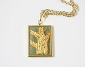 Woodland Embroidered Necklace, Tree Pendant With Chain, Art Jewelry, Spring Green, Yellow, Golden, Gold Toned, Hand Embroidery, Rustic Chic