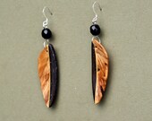 Handcarved Burmese Blackwood and Buckeye Burl Wood Leaf / Feather Earrings  J130604