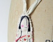 Textile Fiber hand-stitched Brooch ... Bunny girl with ears ... ooak