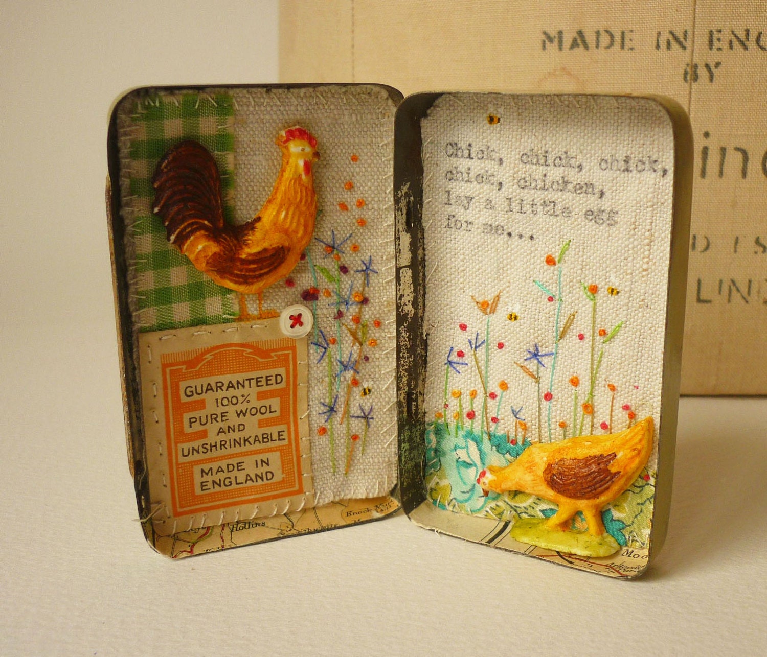 Artwork mixed media in a small throat lozenge tin . Chick chick chick chick chicken...