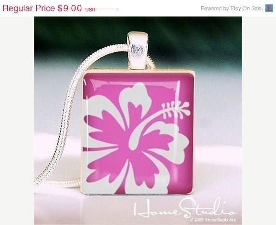 Moving Sale - Hibiscus (Pink) : a pendant charm made with a wood Scrabble tile game piece