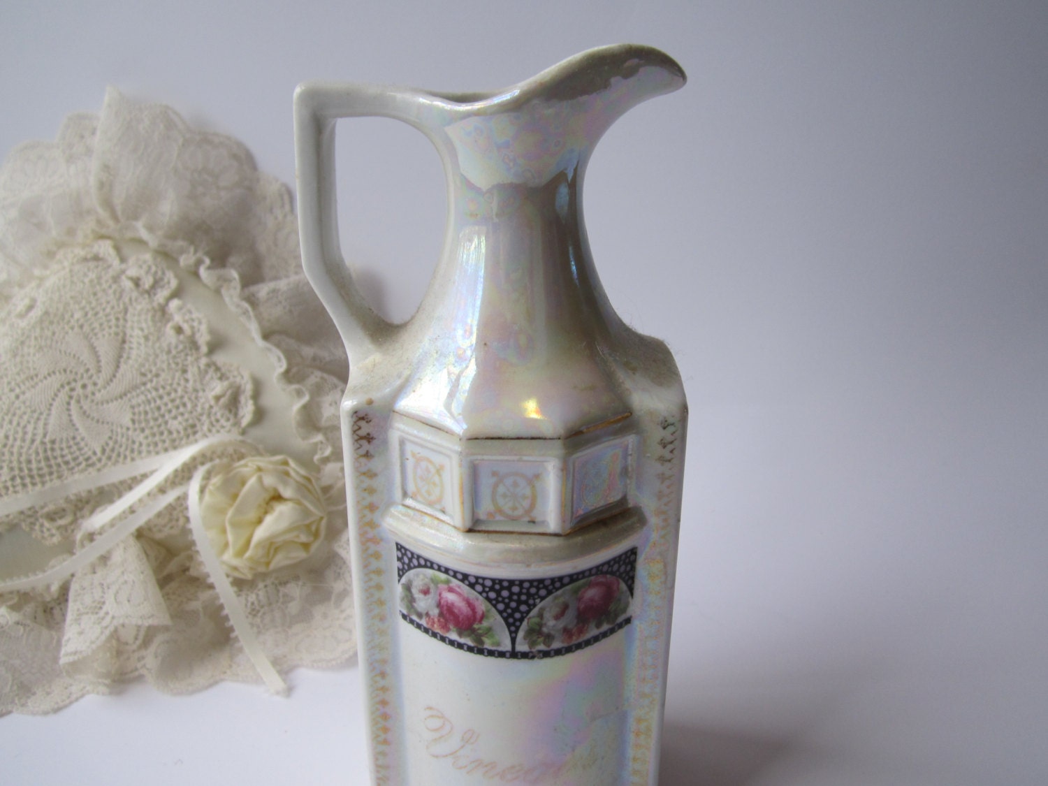 Vintage Feminine Pink Blue Luster Ware Germany Vinegar Cruet