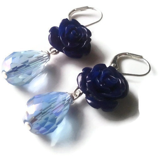 Blue Rose and Teardrop Earrings