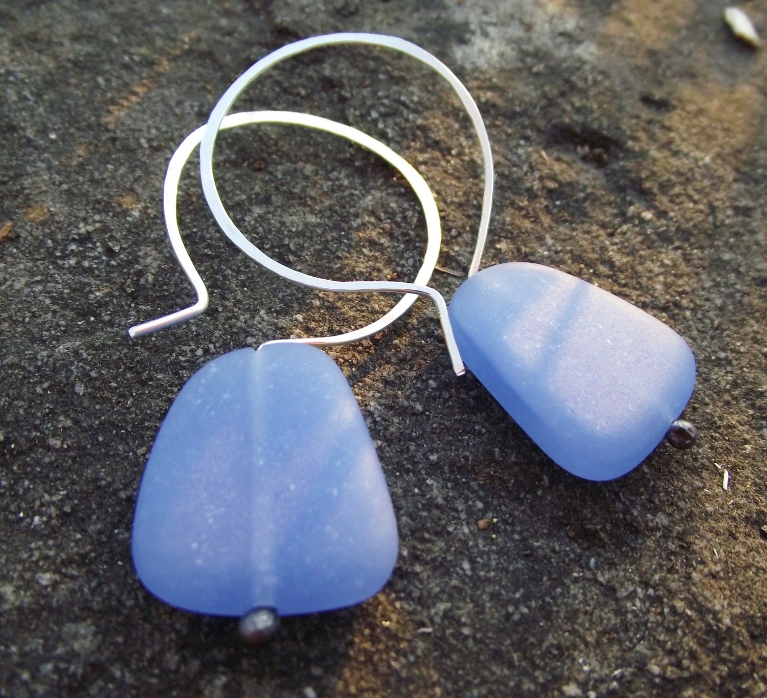 Brushed Sapphire hued Seaglass on handmade Sterling earwires