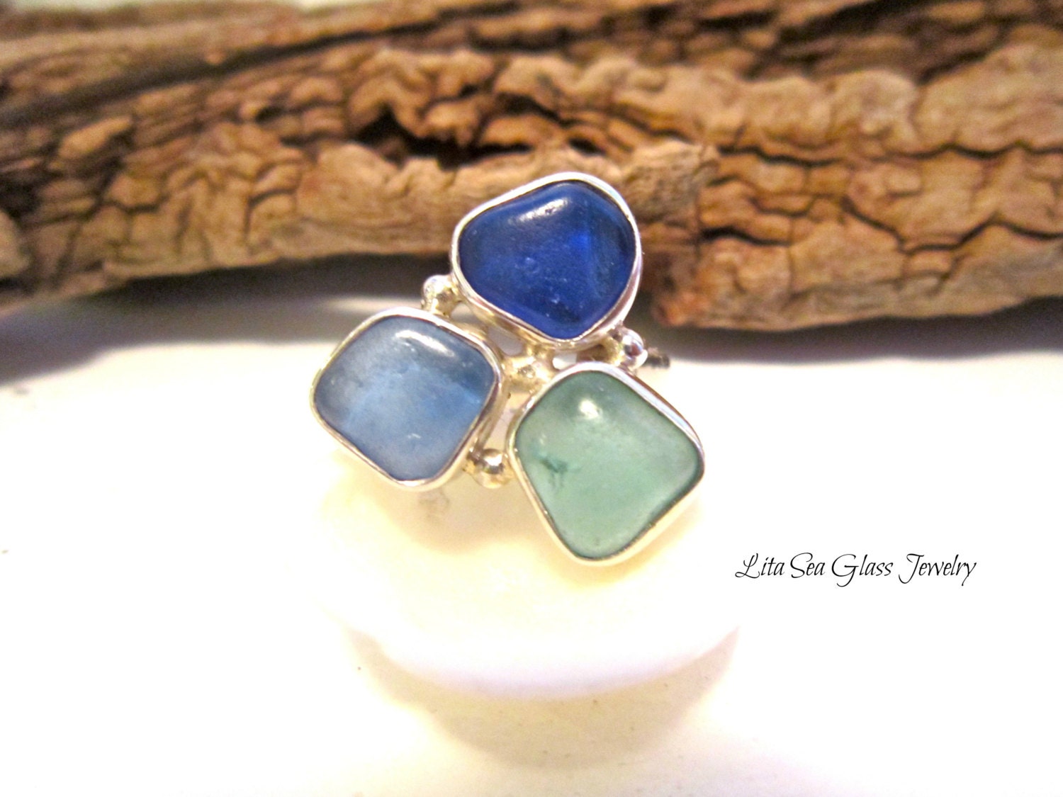Sea Glass Jewelry Coastal Colors 3 Stone Bezel Set Beach Glass Ring Coblat, Aqua, and Seafoam