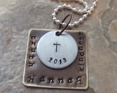 Personalized Silver and Brass Handstamped  Necklace  First Communion Confirmation Baptism