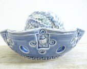 Yarn Bowl Ceramic Pottery With Seashells and Coral Blue