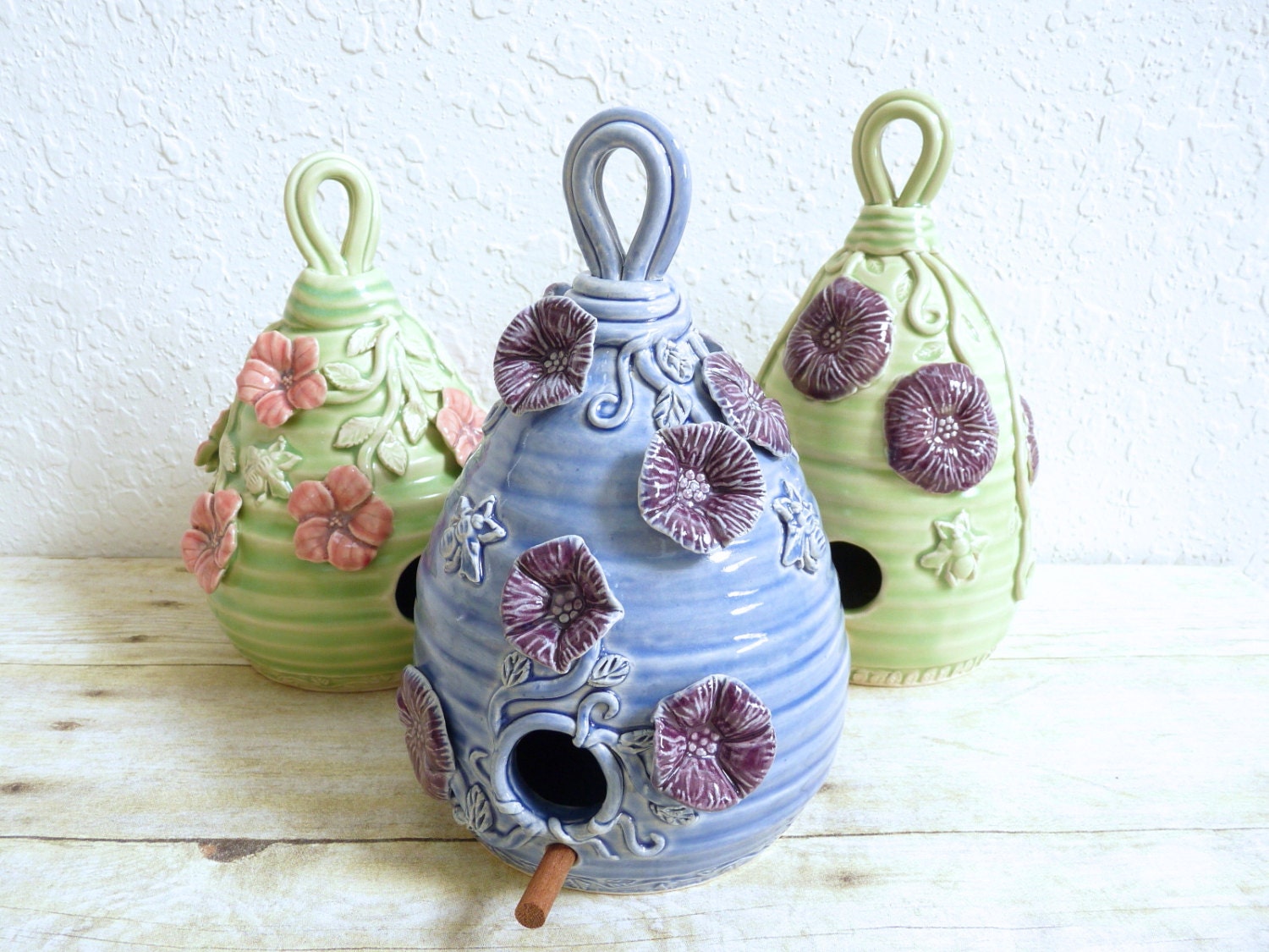Ceramic Birdhouse Covered in Purple Blossoms and Honey Bees, Blue Flowers and Vines, Birds and Bees Design