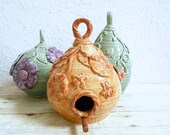 Ceramic Birdhouse Birds and Bees Design Handcrafted Poppy Flowers Orange Rust  Garden Art Gardening Decor Mother's Day