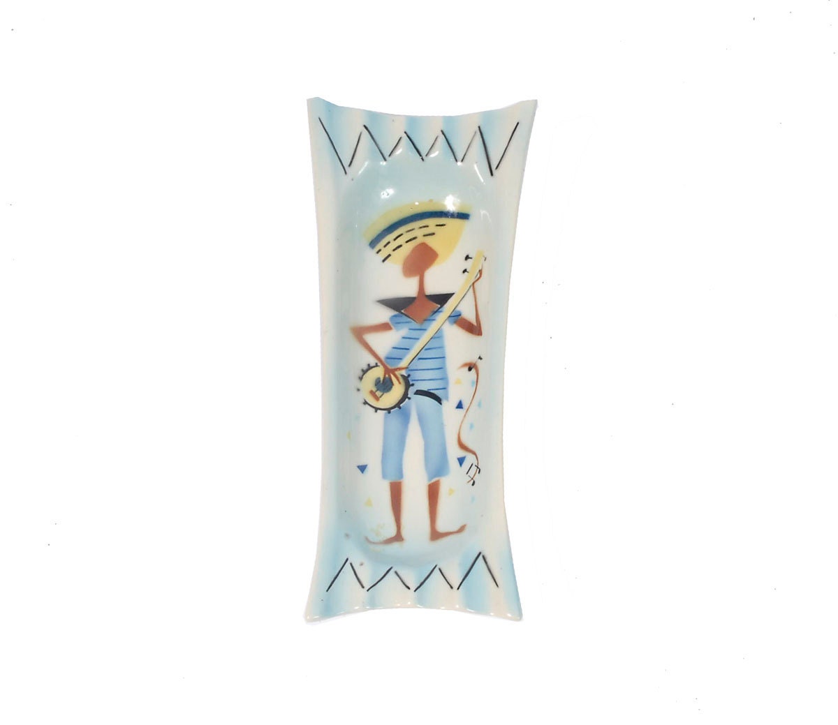 Vintage 50s Ceramic Ashtray Calypso Banjo Straw Hat Mid Century Modern Kitsch
