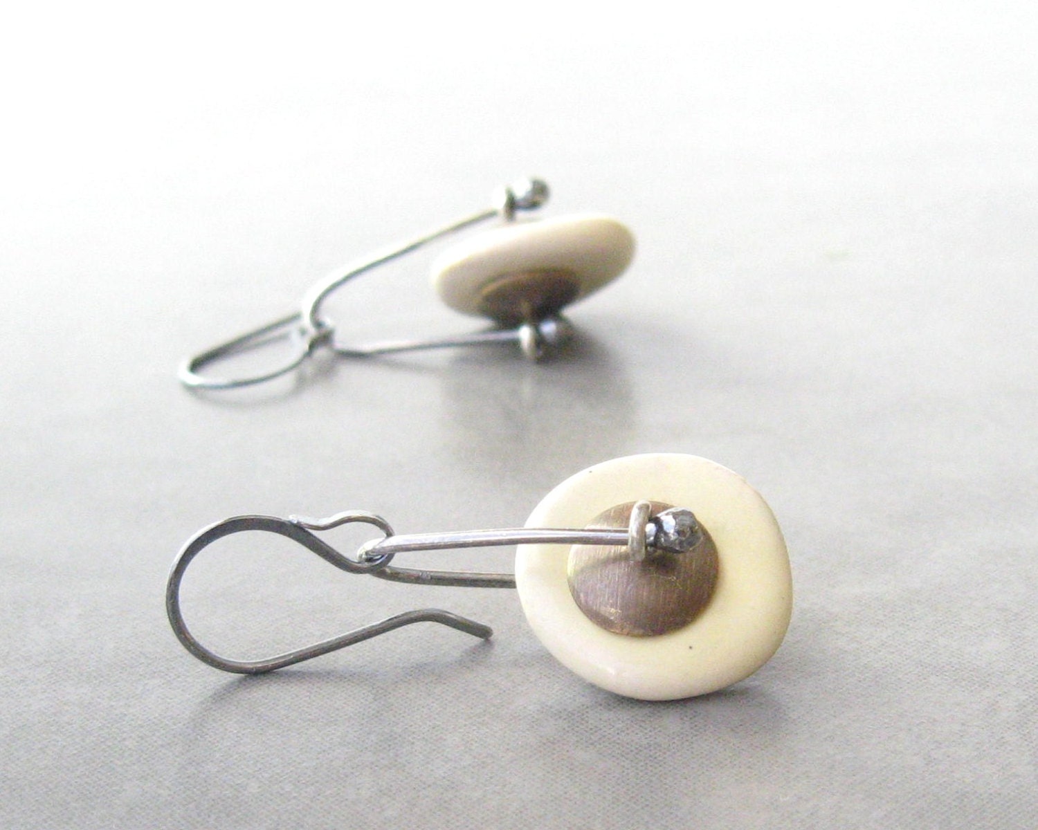 white dangle earrings, kazuri and silver earrings, spinner dangle earrings