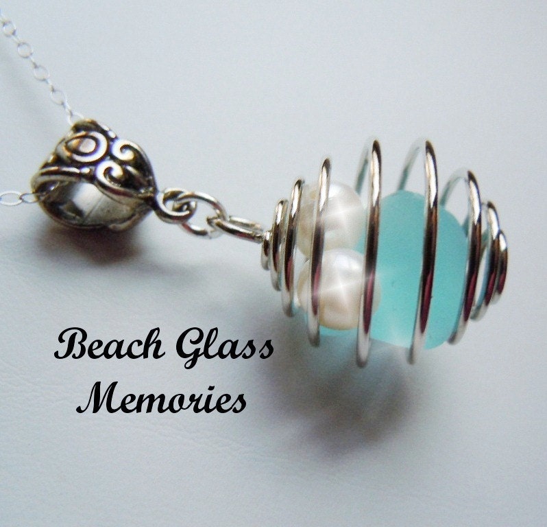 Beach Glass Wire Wrapped Necklace - Seaglass  Sea Glass Jewelry Bridesmaid Gift