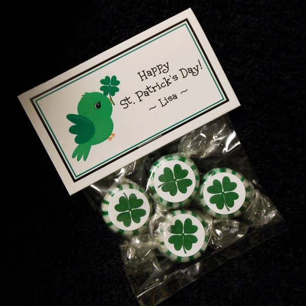 Personalized Party Favor Bag Toppers with bags, St Patricks Day, bird, set of 10
