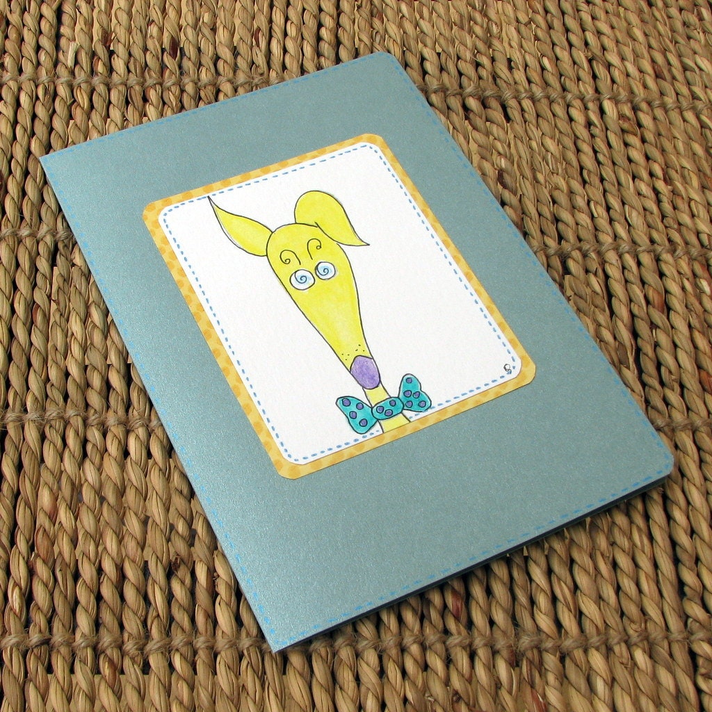 PaniEva's greyhound any ocassion card original watercolor yellow teal silly old greyhound large card with envelope