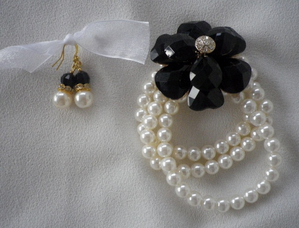Black Ivory Rhinestone and Gold Corsage Cuff Bracelet with Earrings