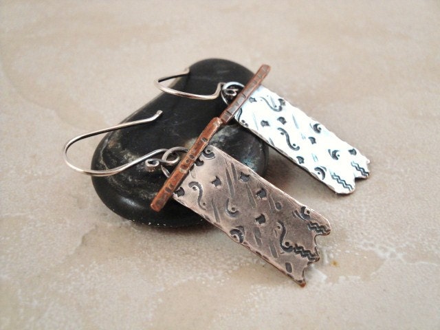 Chinese calendar earrings. Silver and copper. Scroll. Long. Hand stamped design