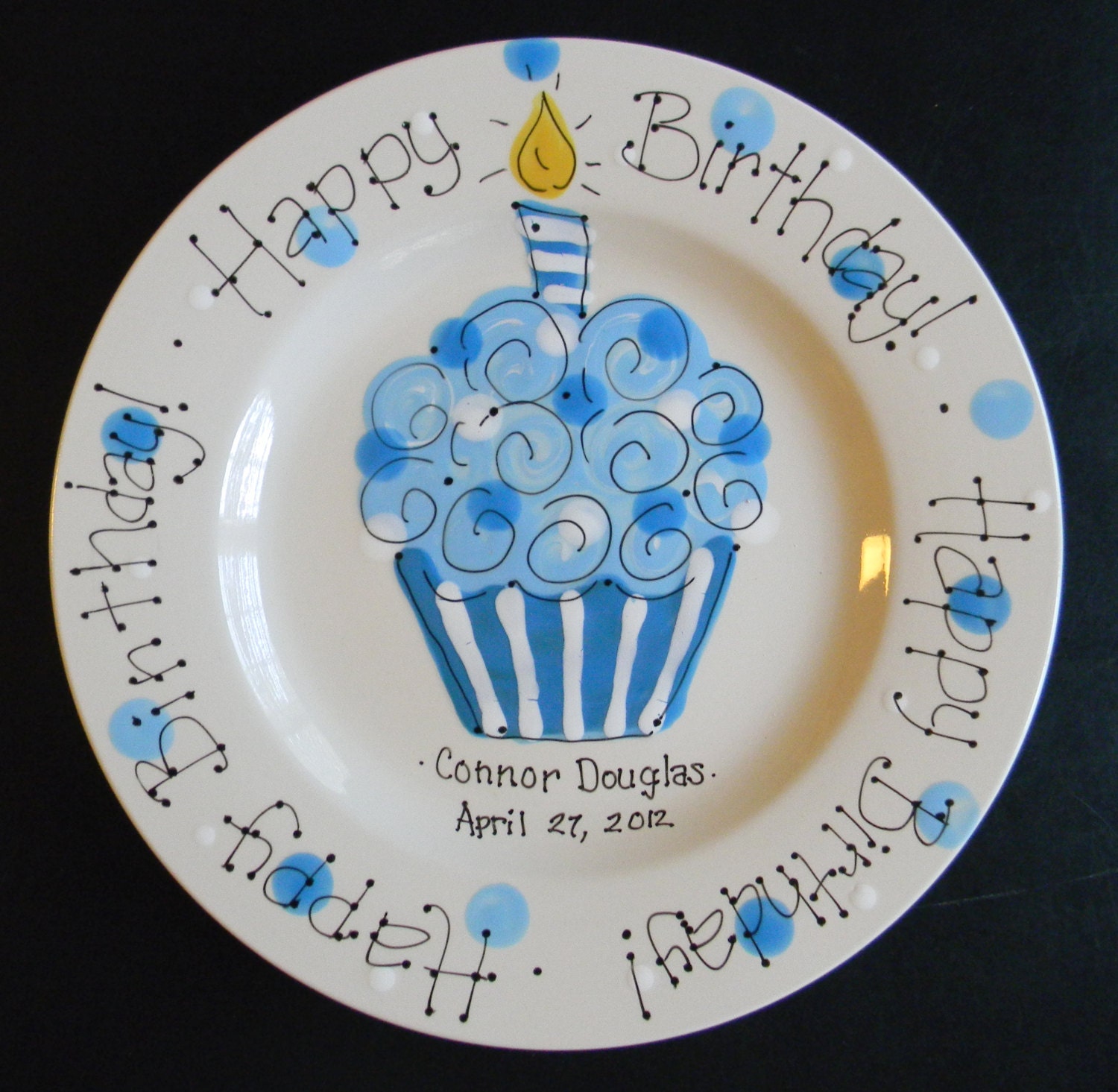 Hand Painted Personalized Birthday Plate - Blue Cupcake