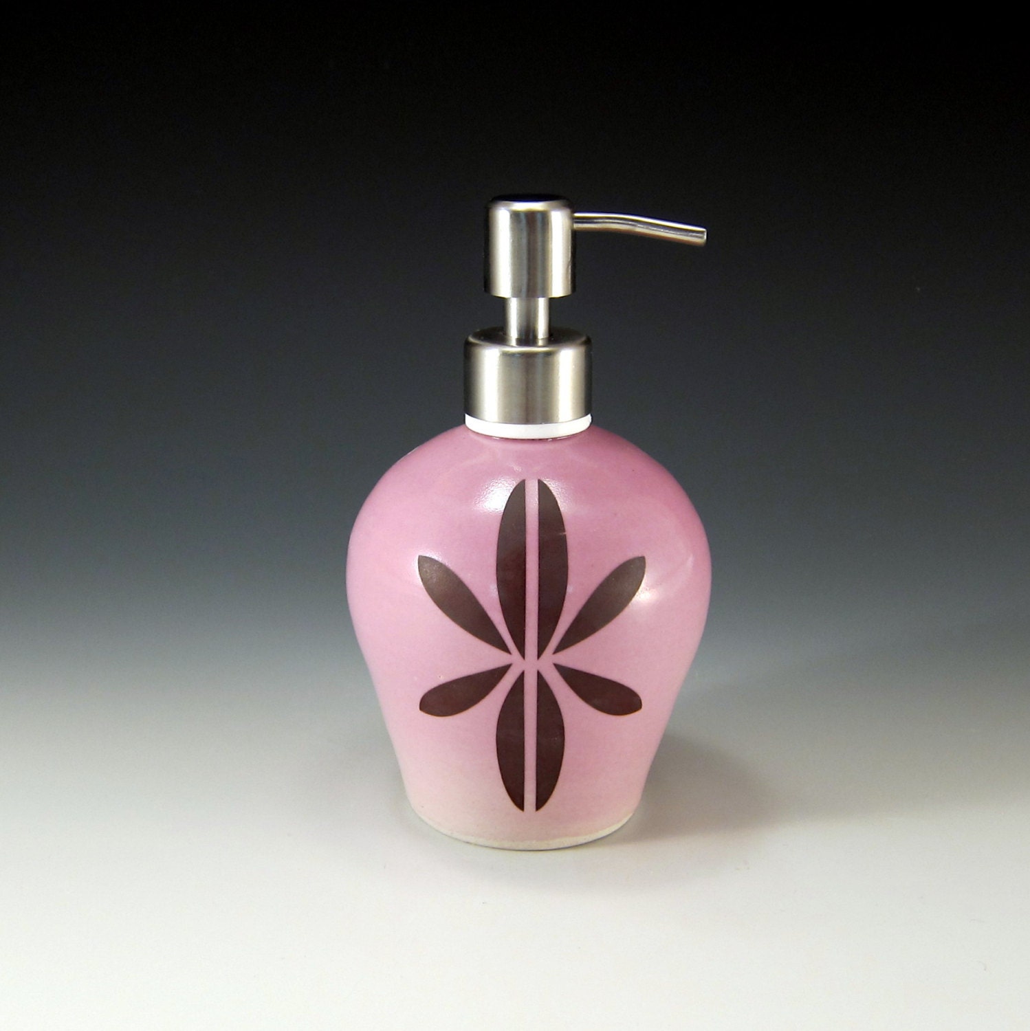 Porcelain soap dispenser - brushed nickel pump - purple-pink glaze with mod design