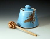 Honey pot - blue glaze with bees buzzing