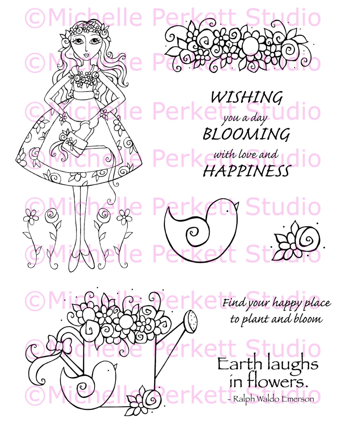 Digital stamp Set  Images Gardening Garden Flowers Birds stamping scrapbooking cardmaking