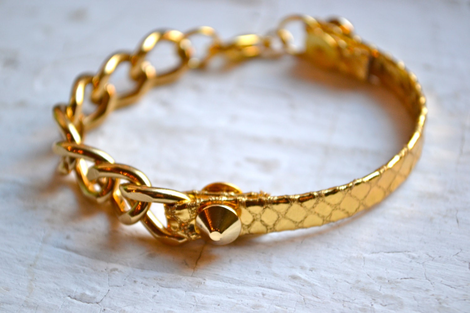 gold on gold snake metallic thin leather spike and chain layering bracelet