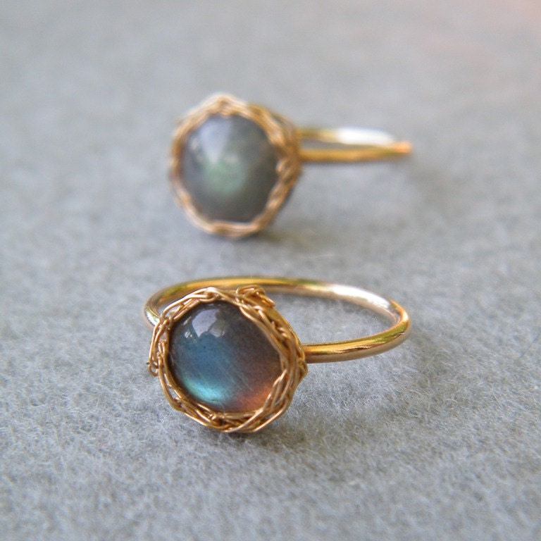 Blue Labradorite  Gold Ring, Crochet Gold Filled Wire, Size 8