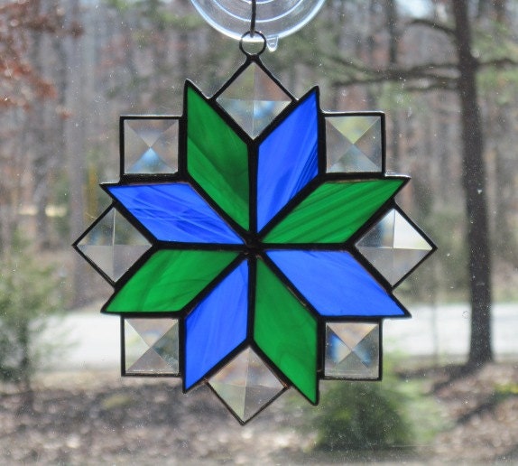 Stained Glass Suncatcher, Quilt Pattern - 8 Point Star in Cobalt Blue & Dark Green with Clear Bevels