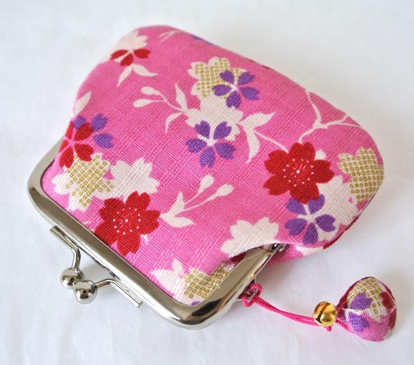 Kimono Coin Purse with a little shell bell, Cherry blossom in pink