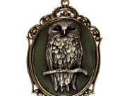 Neo Victorian Steampunk Goth Jewelry - Necklace - Owl - Dark Green Background
