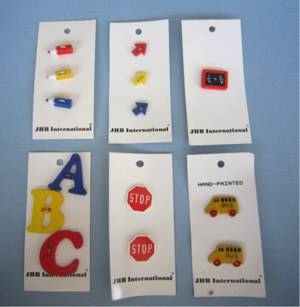Novelty School Buttons - ABC - Stop - Pencils -Bus -Arrows - chalkboard - Price Per Card