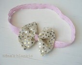 Golden Flutter - Gold Sparkle Sequin Bow - Pink Lace Headband - Newborn Infant Baby Girl Toddler Adult